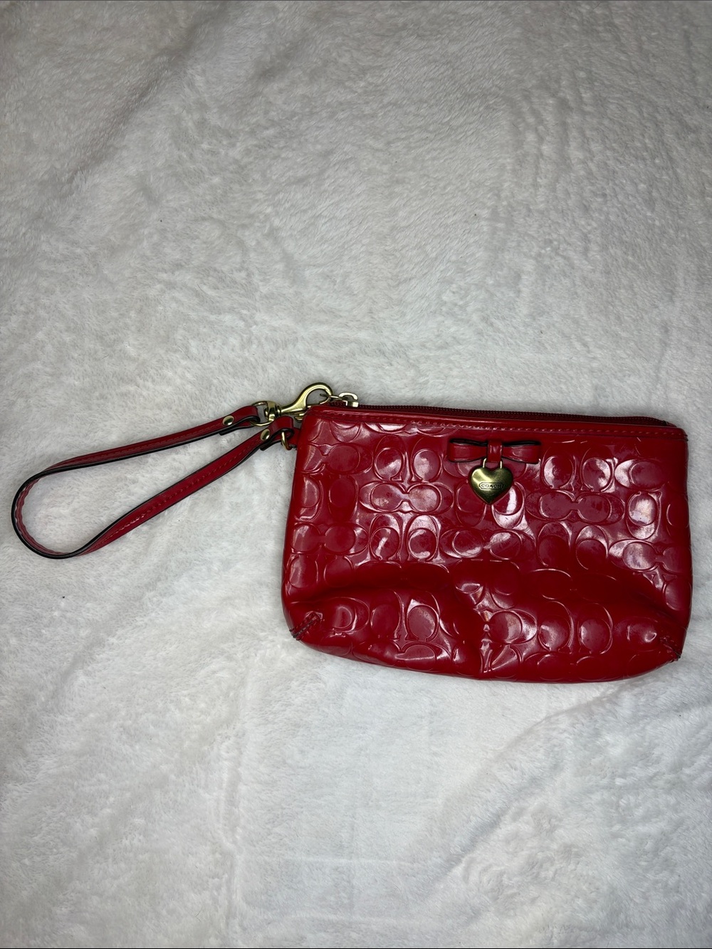 Coach Red Patent Signature Wristlet with Heart Charm